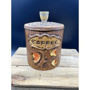 Vintage Treasure Craft Coffee Canister Wood Grain Tree Orange Glaze Leaf Fruit